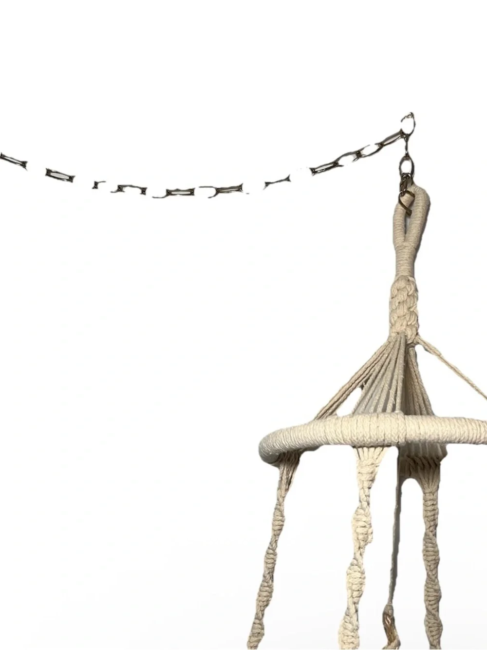 Boho Macrame Hanging Swinging Round Cat Bed With Fish Toy Attachment Gold Chain